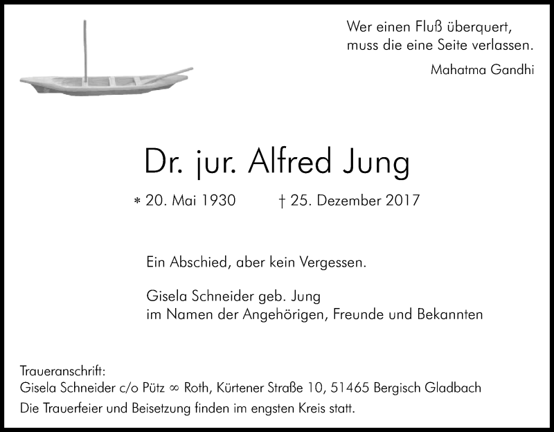  Traueranzeige für Alfred Jung vom 13.01.2018 aus Kölner Stadt-Anzeiger / Kölnische Rundschau / Express
