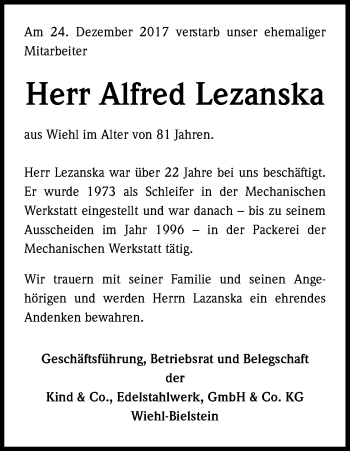 Anzeige von Alfred Lezanska von Kölner Stadt-Anzeiger / Kölnische Rundschau / Express