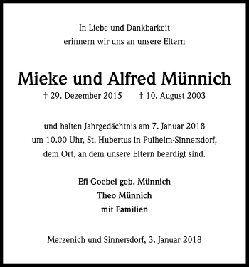 Anzeige von Alfred Münnich von Kölner Stadt-Anzeiger / Kölnische Rundschau / Express