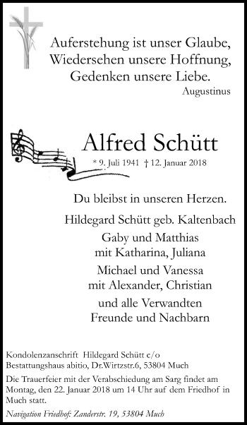 Anzeige von Alfred Schütt von Kölner Stadt-Anzeiger / Kölnische Rundschau / Express