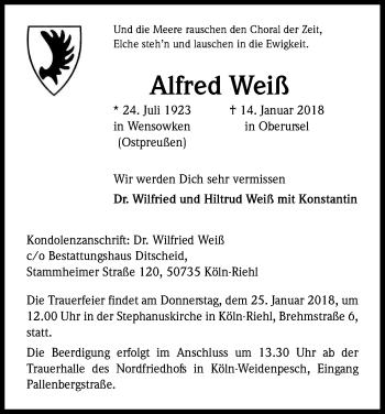 Anzeige von Alfred Weiß von Kölner Stadt-Anzeiger / Kölnische Rundschau / Express