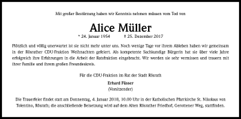 Anzeige von Alice Müller von Kölner Stadt-Anzeiger / Kölnische Rundschau / Express