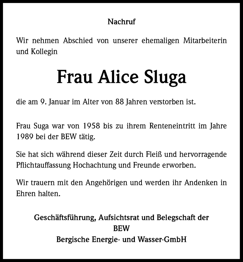  Traueranzeige für Alice Sluga vom 18.01.2018 aus Kölner Stadt-Anzeiger / Kölnische Rundschau / Express