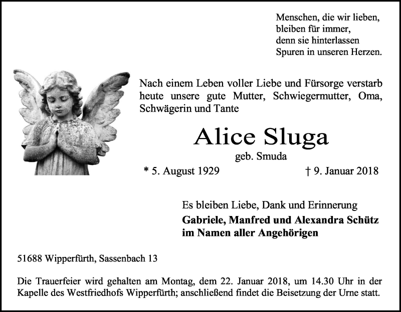  Traueranzeige für Alice Sluga vom 13.01.2018 aus Kölner Stadt-Anzeiger / Kölnische Rundschau / Express