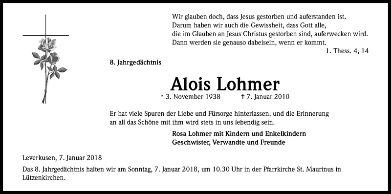  Traueranzeige für Alois Lohmer vom 06.01.2018 aus Kölner Stadt-Anzeiger / Kölnische Rundschau / Express