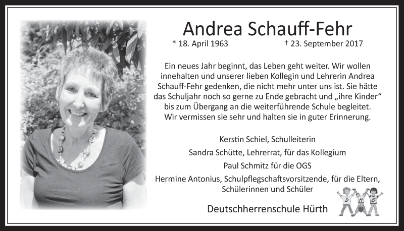  Traueranzeige für Andrea Schauff-Fehr vom 17.01.2018 aus  Wochenende 