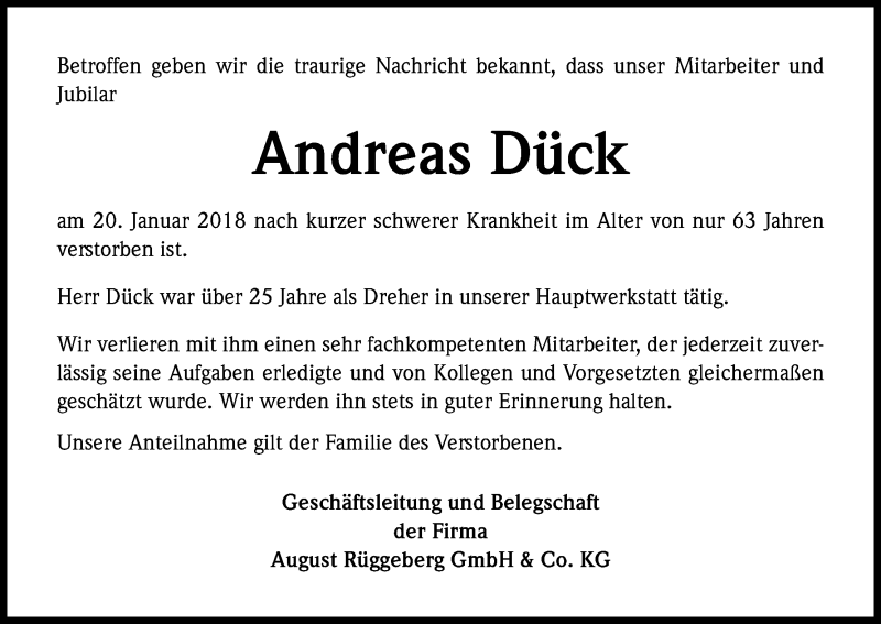  Traueranzeige für Andreas Dück vom 25.01.2018 aus Kölner Stadt-Anzeiger / Kölnische Rundschau / Express