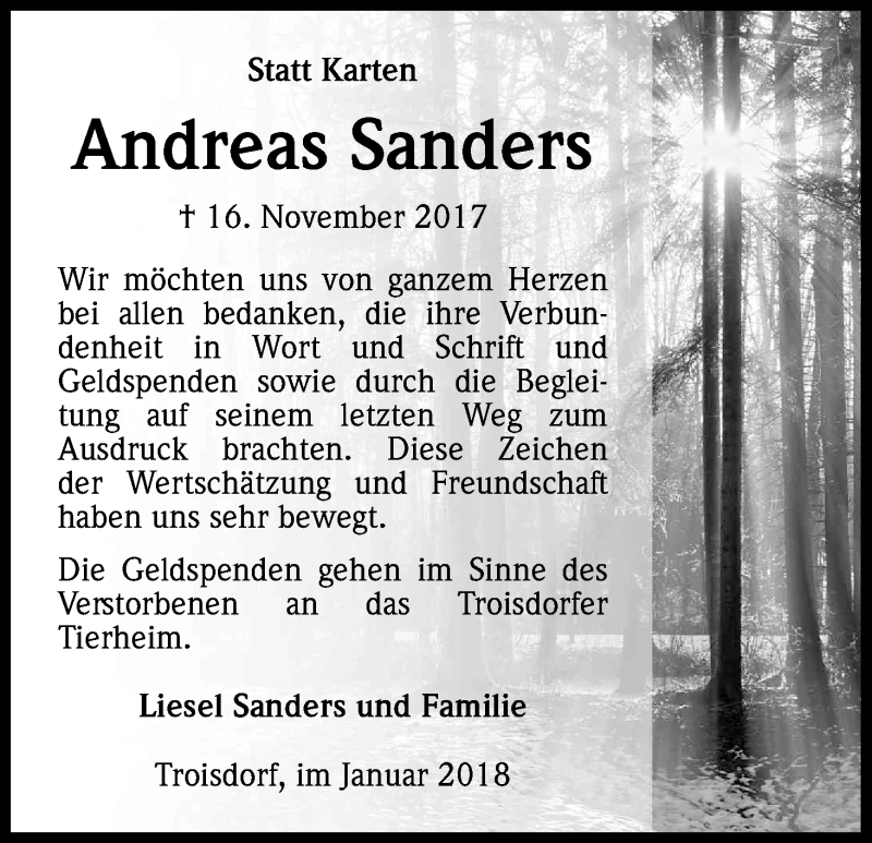  Traueranzeige für Andreas Sanders vom 06.01.2018 aus Kölner Stadt-Anzeiger / Kölnische Rundschau / Express