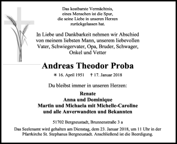 Anzeige von Andreas Theodor Proba von Kölner Stadt-Anzeiger / Kölnische Rundschau / Express