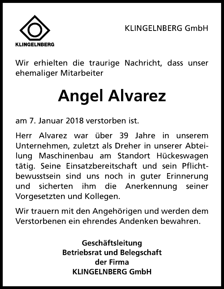  Traueranzeige für Angel Alvarez vom 16.01.2018 aus Kölner Stadt-Anzeiger / Kölnische Rundschau / Express