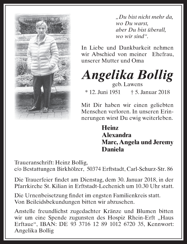  Traueranzeige für Angelika Bollig vom 24.01.2018 aus  Werbepost 