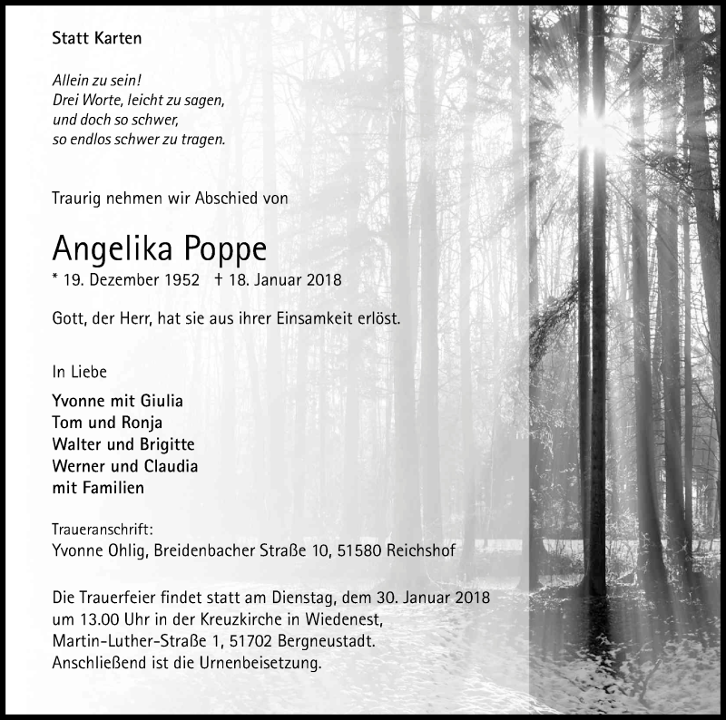  Traueranzeige für Angelika Poppe vom 27.01.2018 aus Kölner Stadt-Anzeiger / Kölnische Rundschau / Express