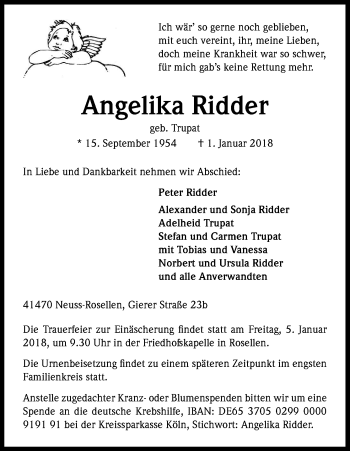 Anzeige von Angelika Ridder von Kölner Stadt-Anzeiger / Kölnische Rundschau / Express