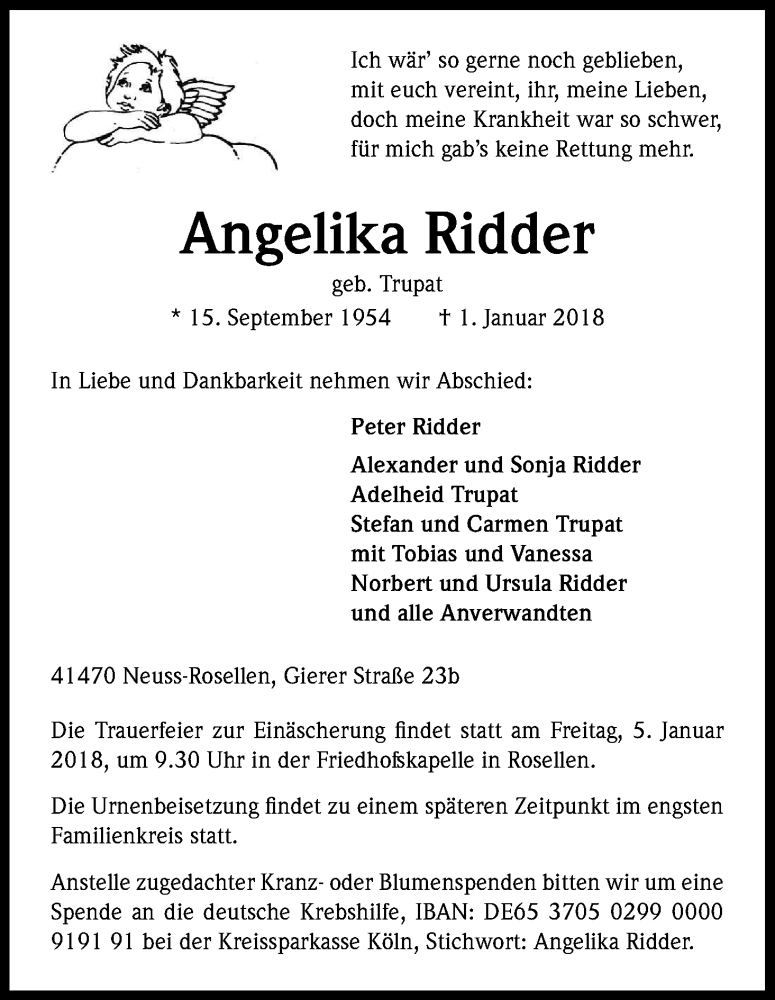  Traueranzeige für Angelika Ridder vom 04.01.2018 aus Kölner Stadt-Anzeiger / Kölnische Rundschau / Express