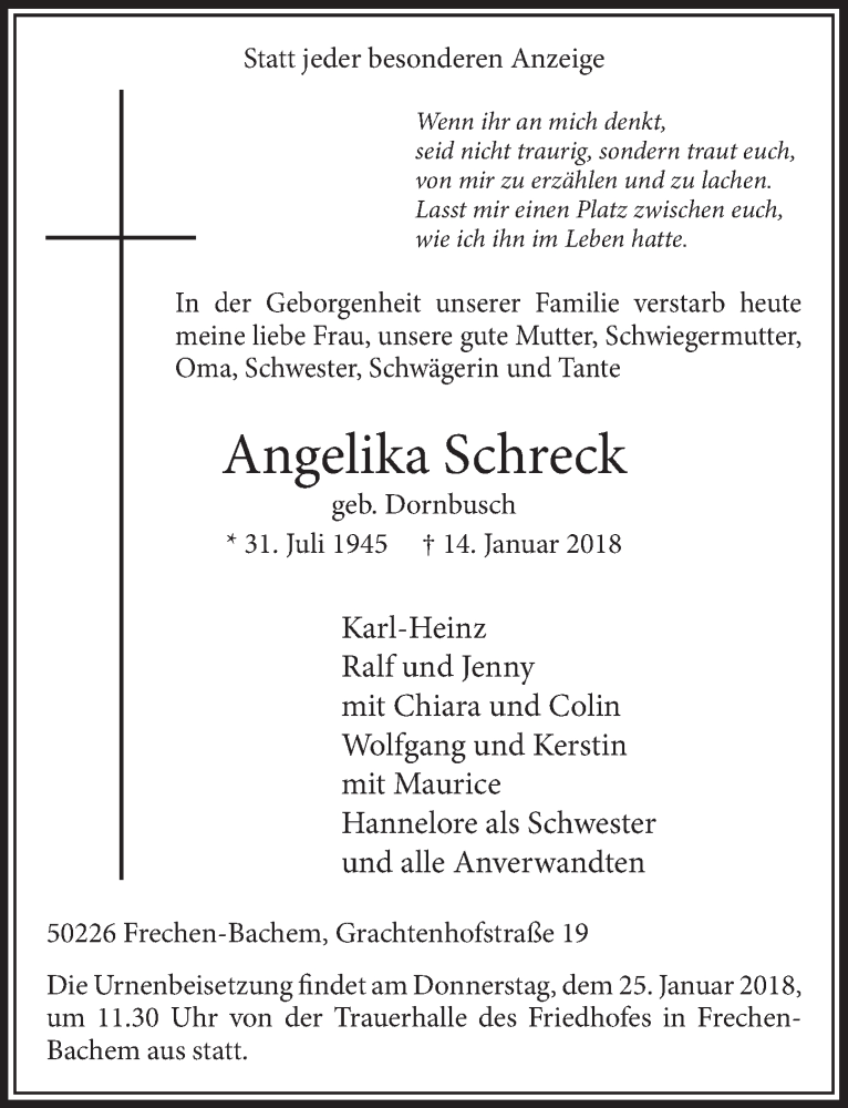  Traueranzeige für Angelika Schreck vom 20.01.2018 aus  Sonntags-Post 