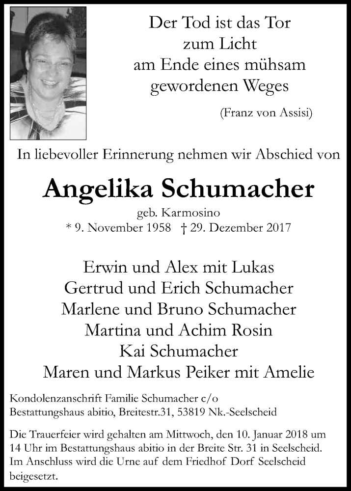  Traueranzeige für Angelika Schumacher vom 06.01.2018 aus Kölner Stadt-Anzeiger / Kölnische Rundschau / Express