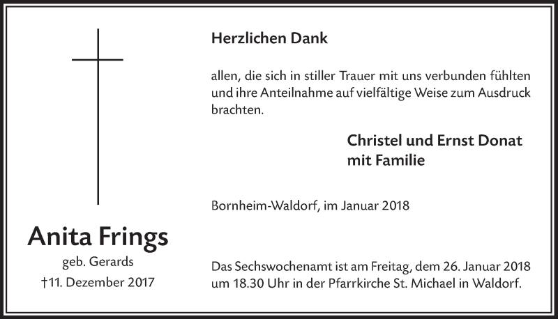  Traueranzeige für Anita Frings vom 24.01.2018 aus  Schaufenster/Blickpunkt  Schlossbote/Werbekurier 