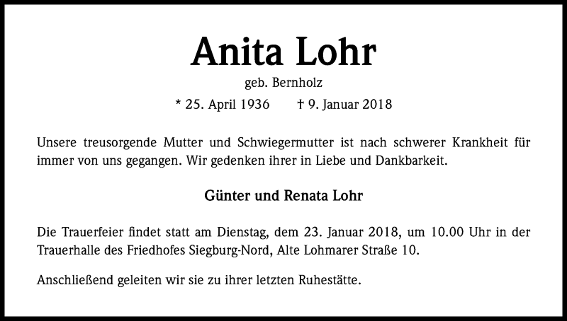 Traueranzeige für Anita Lohr vom 20.01.2018 aus Kölner Stadt-Anzeiger / Kölnische Rundschau / Express