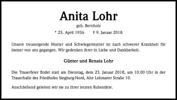 Anzeige von Anita Lohr von Kölner Stadt-Anzeiger / Kölnische Rundschau / Express