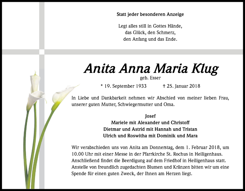  Traueranzeige für Anita Anna Maria Klug vom 29.01.2018 aus Kölner Stadt-Anzeiger / Kölnische Rundschau / Express