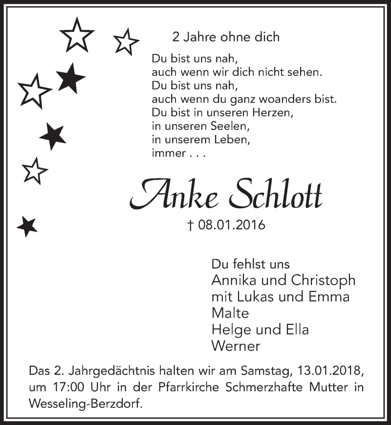  Traueranzeige für Anke Schlott vom 10.01.2018 aus  Schlossbote/Werbekurier 
