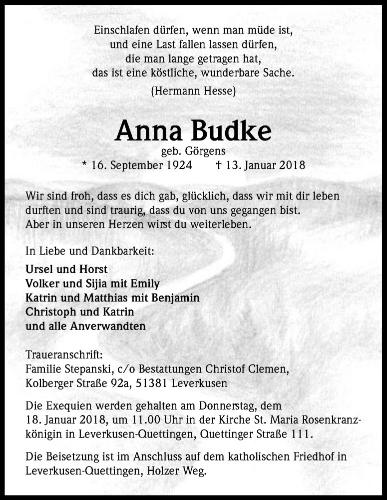  Traueranzeige für Anna Budke vom 16.01.2018 aus Kölner Stadt-Anzeiger / Kölnische Rundschau / Express