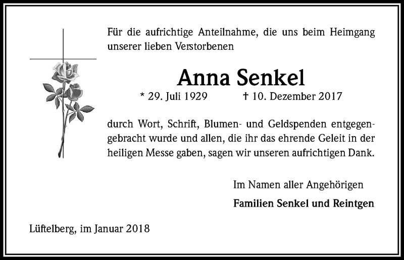  Traueranzeige für Anna Senkel vom 13.01.2018 aus Kölner Stadt-Anzeiger / Kölnische Rundschau / Express
