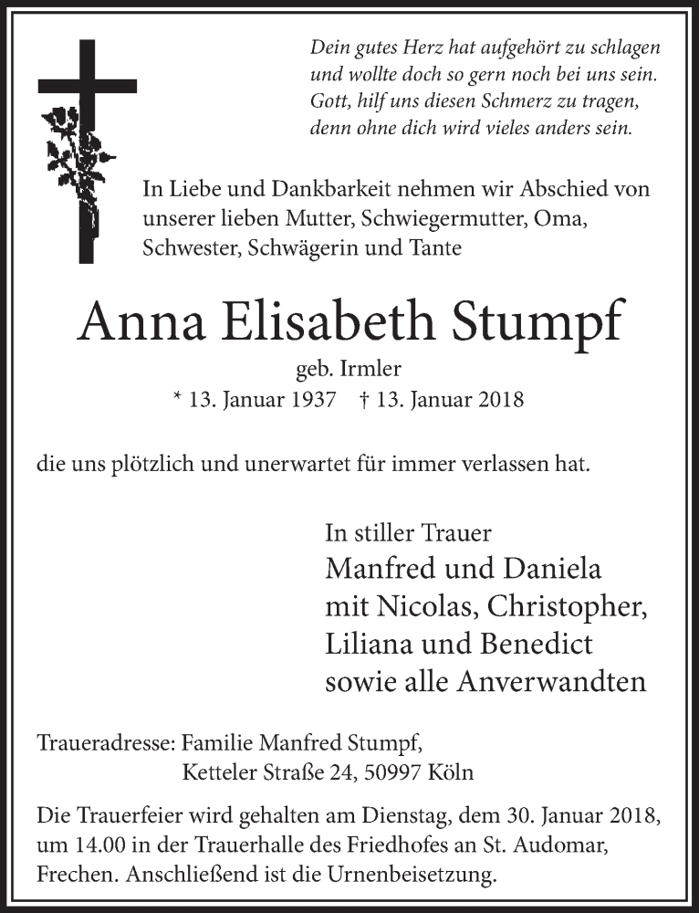  Traueranzeige für Anna Elisabeth Stumpf vom 20.01.2018 aus  Sonntags-Post 
