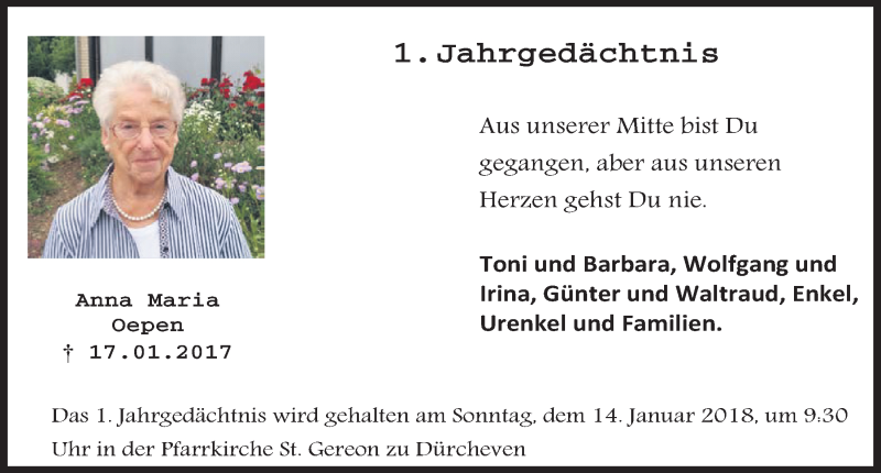  Traueranzeige für Anna Maria Oepen vom 06.01.2018 aus  Blickpunkt Euskirchen 