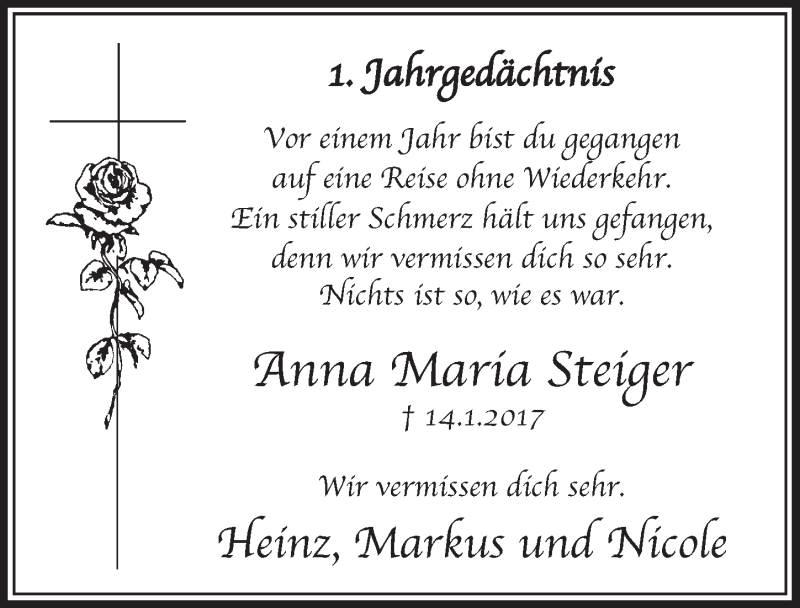  Traueranzeige für Anna Maria Steiger vom 13.01.2018 aus  Sonntags-Post 