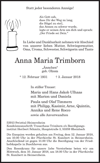 Anzeige von Anna Maria Trimborn von  Schaufenster/Blickpunkt 