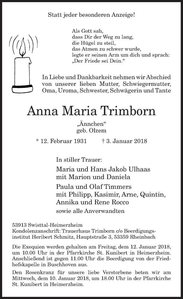  Traueranzeige für Anna Maria Trimborn vom 10.01.2018 aus  Schaufenster/Blickpunkt 