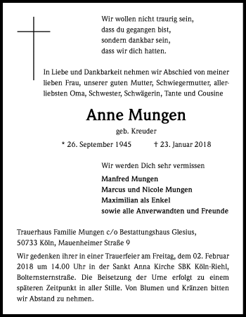 Anzeige von Anne Mungen von Kölner Stadt-Anzeiger / Kölnische Rundschau / Express