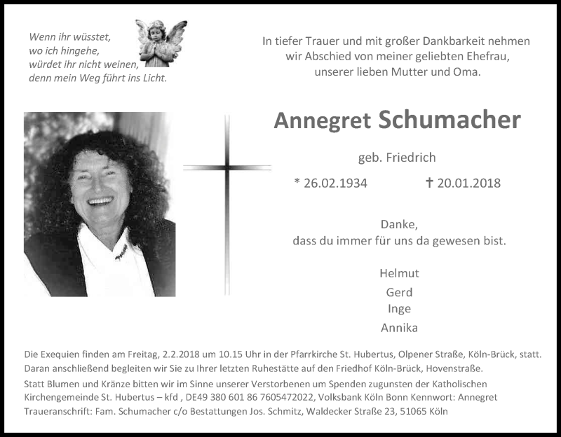  Traueranzeige für Annegret Schumacher vom 27.01.2018 aus Kölner Stadt-Anzeiger / Kölnische Rundschau / Express