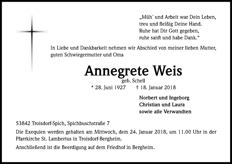  Traueranzeige für Annegrete Weis vom 20.01.2018 aus Kölner Stadt-Anzeiger / Kölnische Rundschau / Express