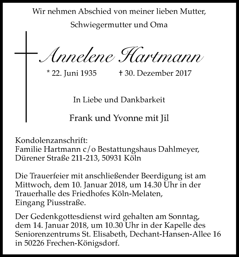  Traueranzeige für Annelene Hartmann vom 06.01.2018 aus Kölner Stadt-Anzeiger / Kölnische Rundschau / Express