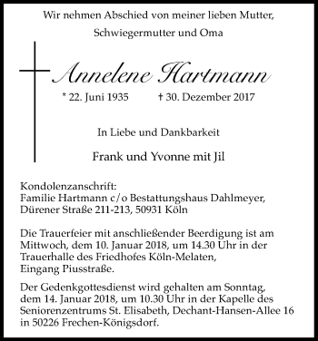 Anzeige von Annelene Hartmann von Kölner Stadt-Anzeiger / Kölnische Rundschau / Express