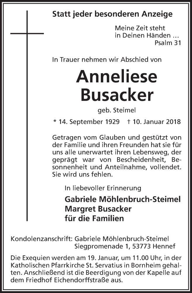  Traueranzeige für Anneliese Busacker vom 17.01.2018 aus  Schaufenster/Blickpunkt 
