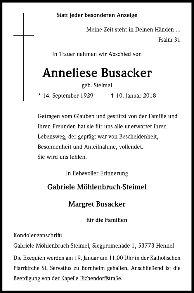  Traueranzeige für Anneliese Busacker vom 13.01.2018 aus Kölner Stadt-Anzeiger / Kölnische Rundschau / Express