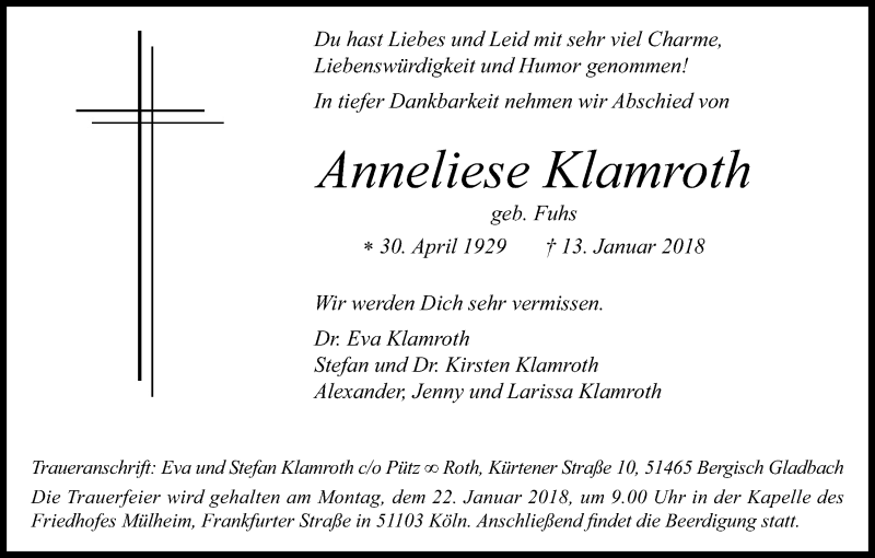  Traueranzeige für Anneliese Klamroth vom 18.01.2018 aus Kölner Stadt-Anzeiger / Kölnische Rundschau / Express