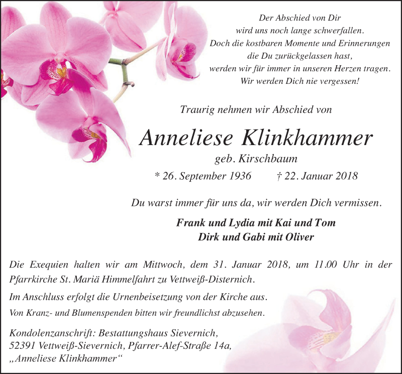  Traueranzeige für Anneliese Klinkhammer vom 27.01.2018 aus  Blickpunkt Euskirchen 