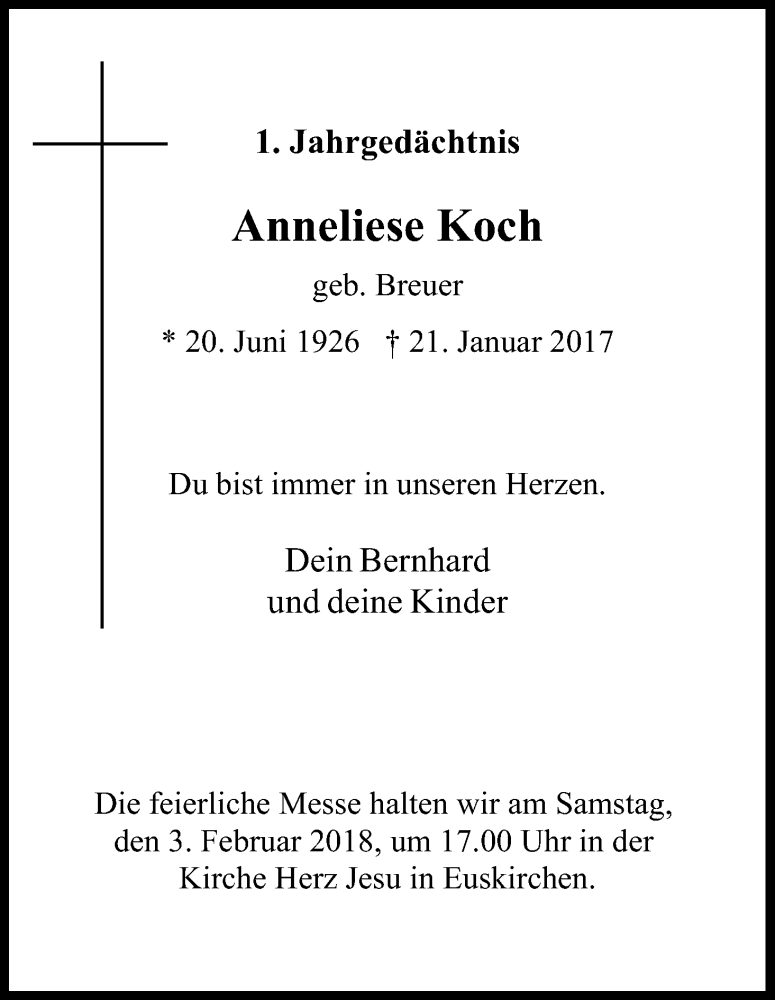  Traueranzeige für Anneliese Koch vom 20.01.2018 aus Kölner Stadt-Anzeiger / Kölnische Rundschau / Express