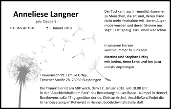 Anzeige von Anneliese Langner von Kölner Stadt-Anzeiger / Kölnische Rundschau / Express