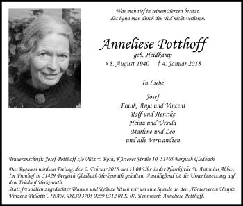 Anzeige von Anneliese Potthoff von Kölner Stadt-Anzeiger / Kölnische Rundschau / Express