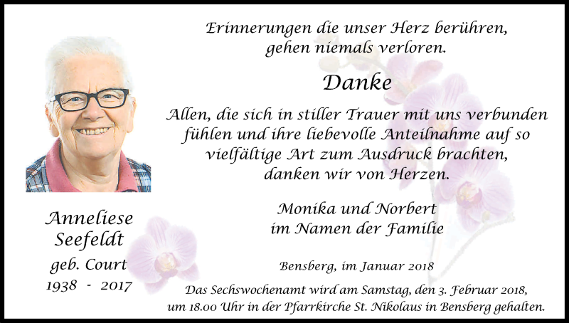  Traueranzeige für Anneliese Seefeldt vom 27.01.2018 aus Kölner Stadt-Anzeiger / Kölnische Rundschau / Express