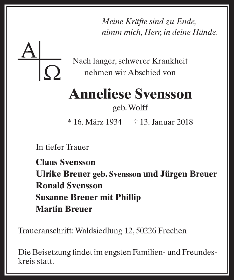  Traueranzeige für Anneliese Svensson vom 17.01.2018 aus  Wochenende 