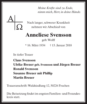 Anzeige von Anneliese Svensson von  Wochenende 