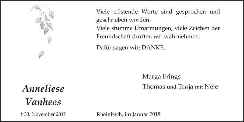  Traueranzeige für Anneliese Vanhees vom 03.01.2018 aus  Schaufenster/Blickpunkt 