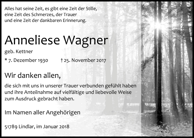  Traueranzeige für Anneliese Wagner vom 20.01.2018 aus Kölner Stadt-Anzeiger / Kölnische Rundschau / Express