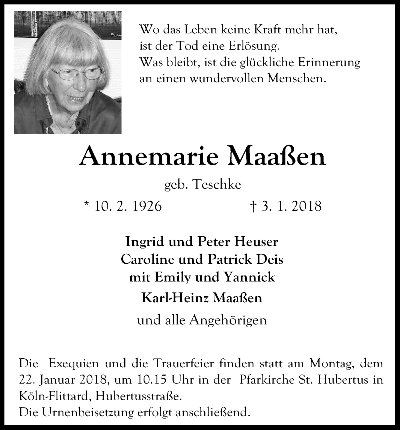  Traueranzeige für Annemarie Maaßen vom 17.01.2018 aus Kölner Stadt-Anzeiger / Kölnische Rundschau / Express